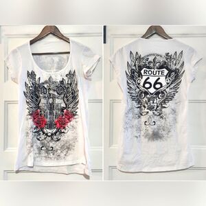 Y2K Biker Rhinestone Baby T Shirt Womens M Graphic Print Route 66  Vintage Top